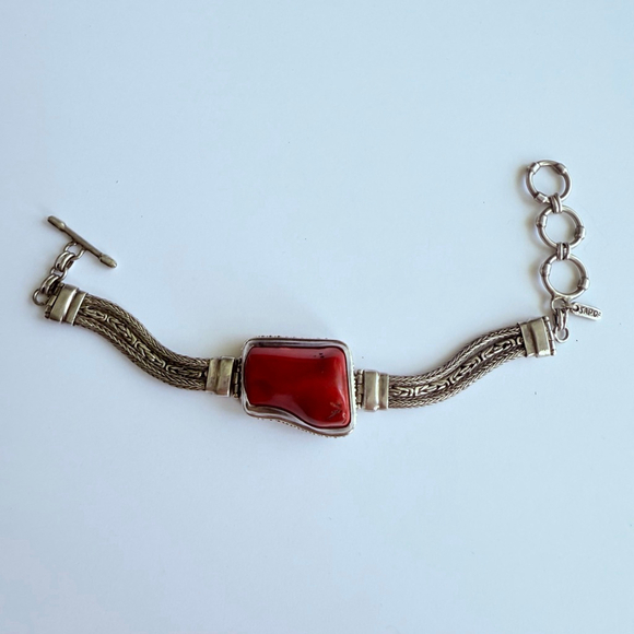 Sarda 30 CT Red Coral Bali 925 Sterling Silver 7.5mm Triple Chain Bracelet - Picture 3 of 12